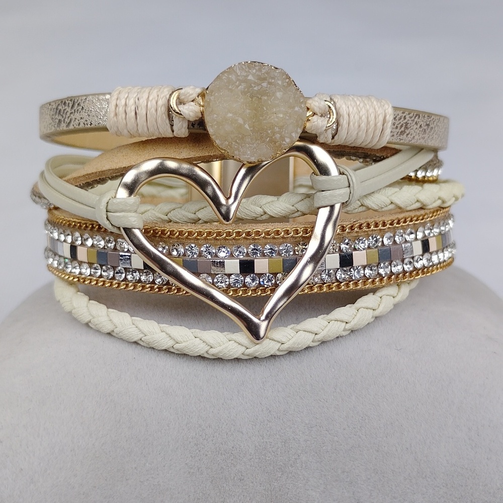 Heart Charm Multi-Strand Cream & Gold Bracelet